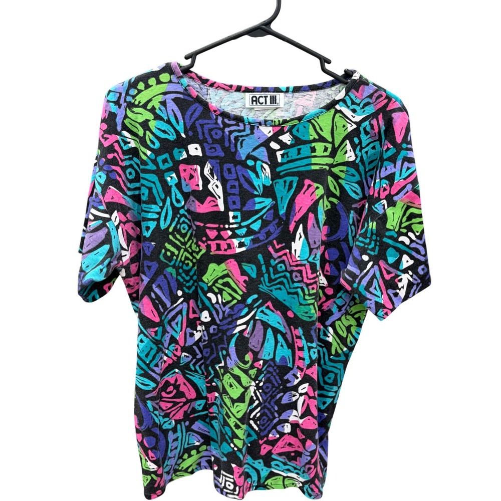 Act III T-Shirt Vintage 80s Geometric Abstract Neon Multi Short Sleeve Top L